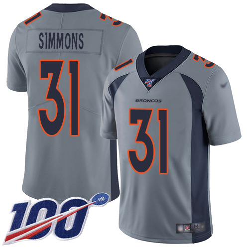 Men Denver Broncos #31 Justin Simmons Limited Silver Inverted Legend 100th Season Football NFL Jersey->denver broncos->NFL Jersey